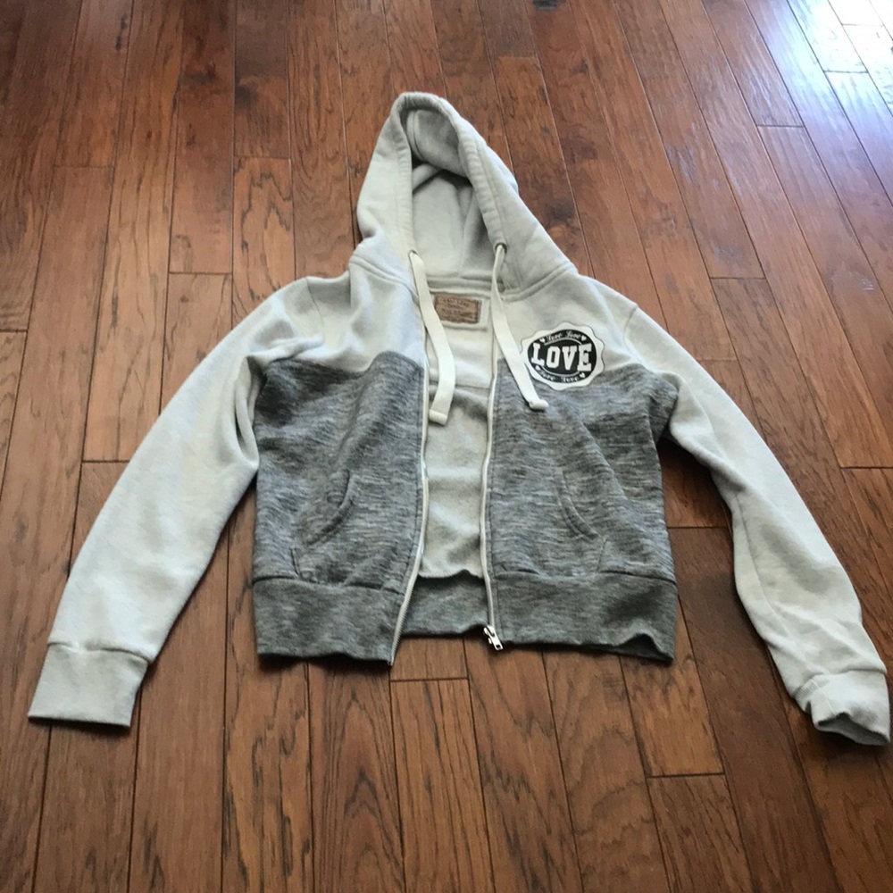 gray and white LOVE zip-up hoodie